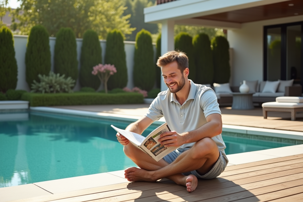 Jeune homme lisant sur le deck en bois au bord de la piscine