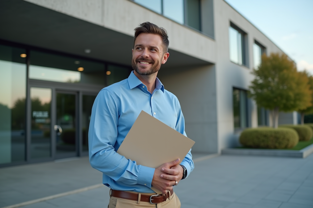 Jeune homme vérifiant ses papiers devant un bâtiment public