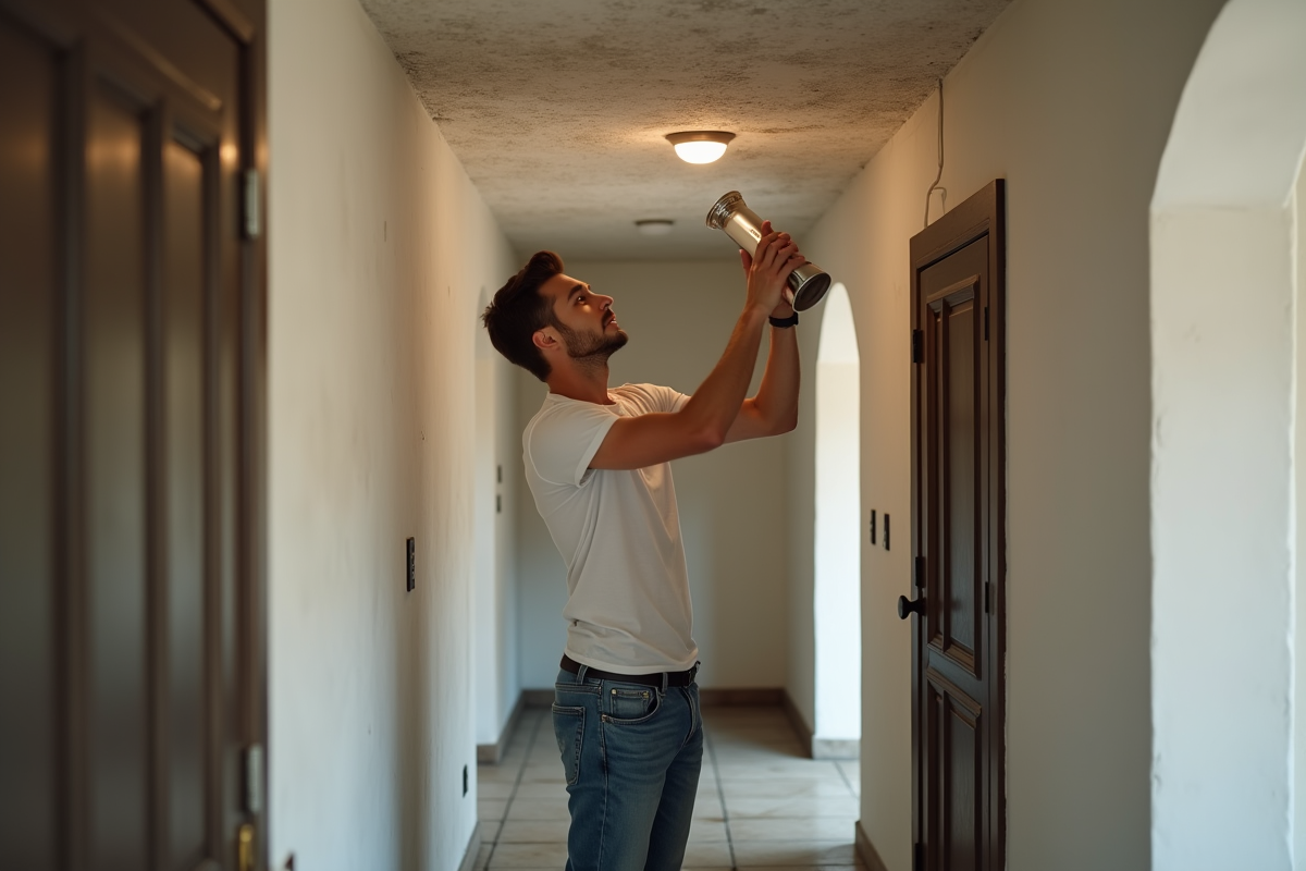 Jeune homme fixant une lampe moderne dans un couloir vintage