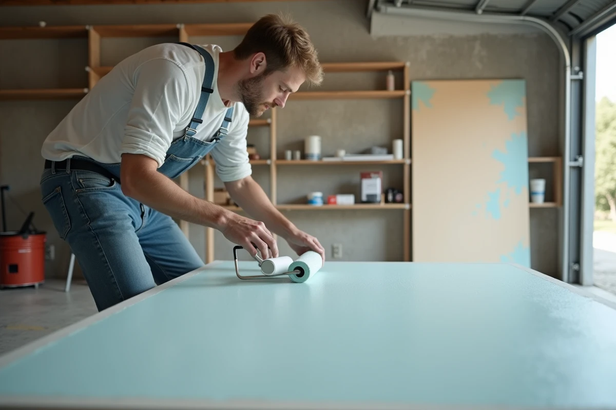 Jeune homme inspectant une surface peinte dans un garage