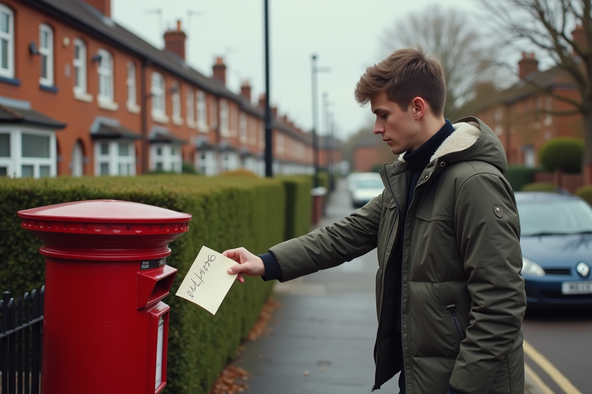 Jeune homme déposant une lettre dans une boîte aux lettres