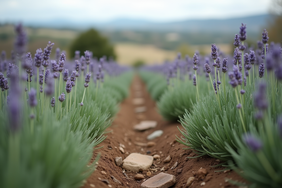 Jeunes pousses de lavande sortant du sol au début du printemps