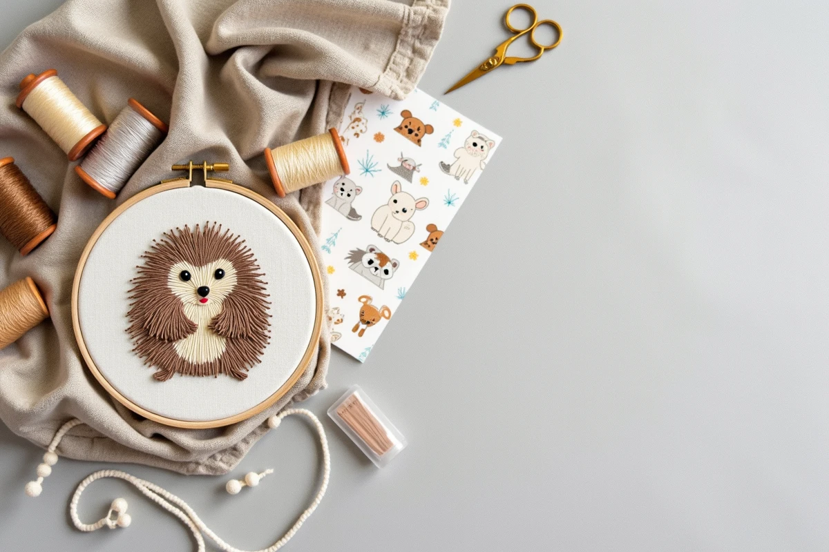 Vue de dessus d'un kit de broderie pour débutant avec un tambour représentant un hérisson mignon, des fils, des ciseaux broderie et des patrons d'animaux sur fond lin gris