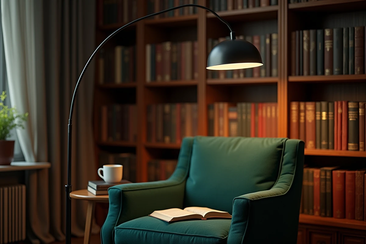 Lampadaire halogène arc noir surplombant un fauteuil de lecture en velours vert dans une bibliothèque intérieure élégante