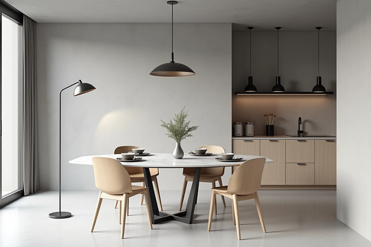 Lampadaire halogène pied chromé placé près d'une table à manger en marbre blanc dans un appartement contemporain à plan ouvert