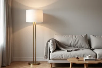 Lampadaire halogène pied en laiton brossé positionné dans un salon scandinave avec canapé en lin gris et parquet en chêne