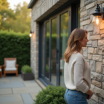 Femme regardant des lampes murales dans un jardin accueillant