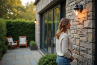 Femme regardant des lampes murales dans un jardin accueillant