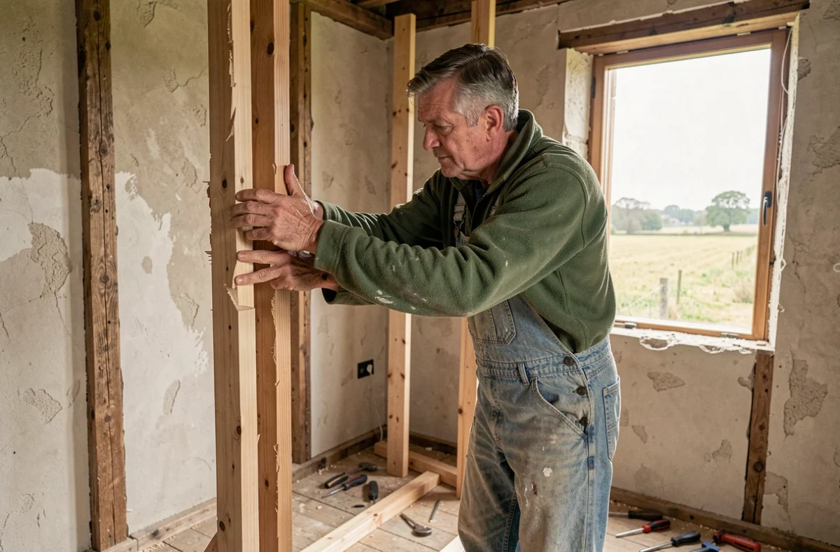 Menuisier LCM installant un cadre de porte intérieure en bois dans une ferme en rénovation en Vendée