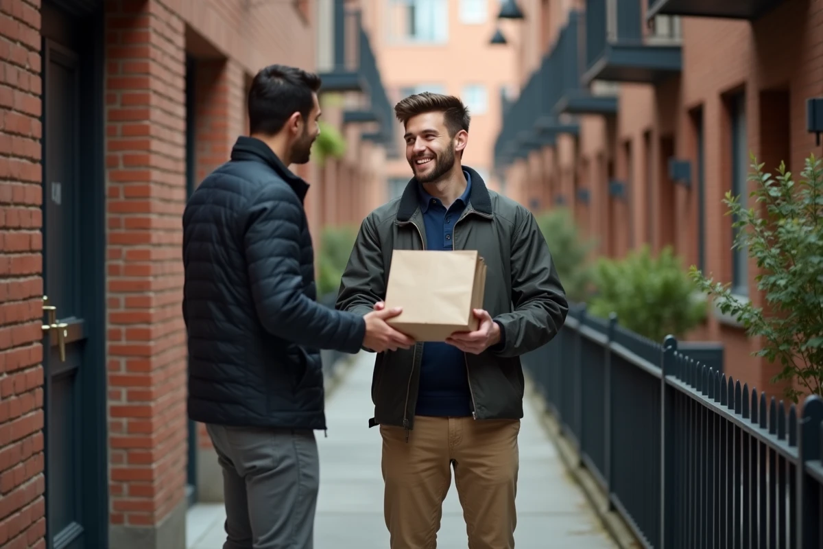Homme recevant un sac de courses à la porte de son appartement