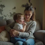 Maman inquiète avec son enfant malade dans un salon humide