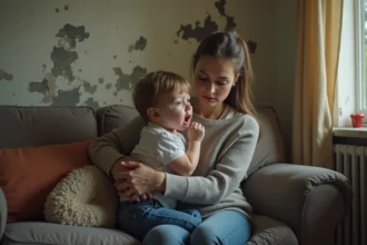 Maman inquiète avec son enfant malade dans un salon humide
