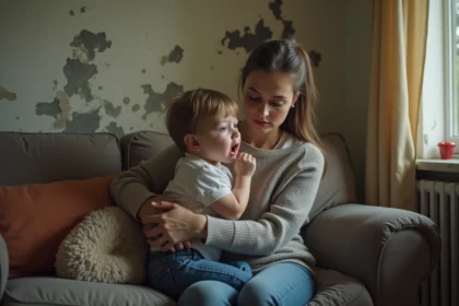Maman inquiète avec son enfant malade dans un salon humide