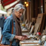 Femme d'âge moyen dans un marché vintage en village