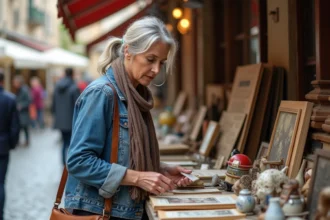 Femme d'âge moyen dans un marché vintage en village