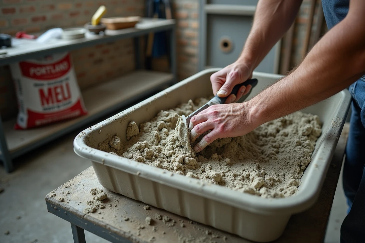 Mains d'artisan mélangeant un mortier ciment-sable à la texture parfaite dans une auge de chantier