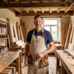 Artisan menuisier dans un atelier de menuiserie des Pays de la Loire entouré d'outils et de panneaux en bois