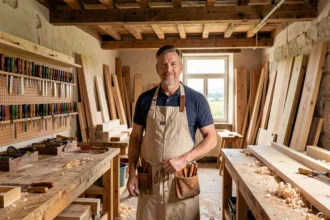 Artisan menuisier dans un atelier de menuiserie des Pays de la Loire entouré d'outils et de panneaux en bois