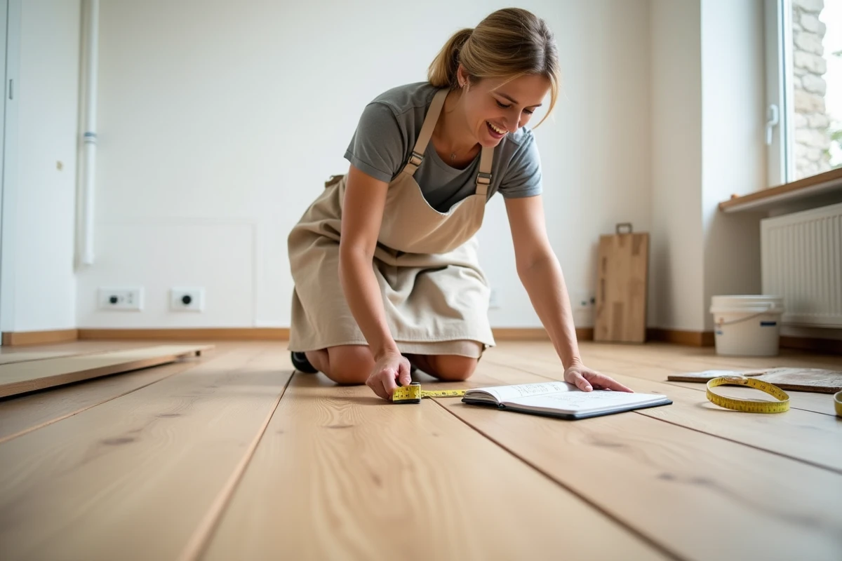 Femme mesurant des lames de parquet avec un mètre ruban pour convertir des mètres linéaires en m2