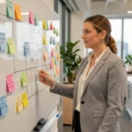 Cheffe de projet agile devant un tableau Kanban avec des post-its colorés dans un bureau moderne, illustrant la méthode agile pour la gestion des délais et coûts