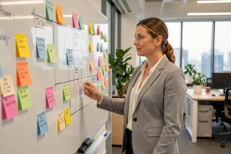 Cheffe de projet agile devant un tableau Kanban avec des post-its colorés dans un bureau moderne, illustrant la méthode agile pour la gestion des délais et coûts