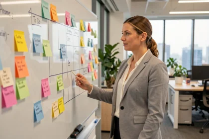 Cheffe de projet agile devant un tableau Kanban avec des post-its colorés dans un bureau moderne, illustrant la méthode agile pour la gestion des délais et coûts