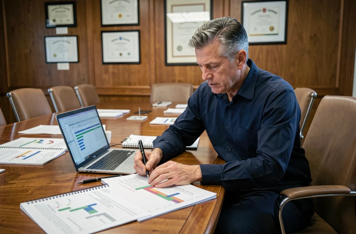 Manager senior étudiant un diagramme de Gantt et un planning projet traditionnel dans une salle de réunion d'entreprise, représentant la gestion de projet en méthode traditionnelle