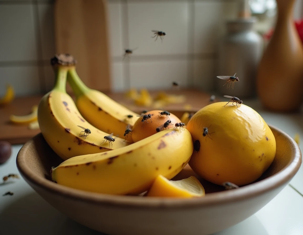 Moucherons envahissant des fruits trop mûrs dans un bol de cuisine domestique