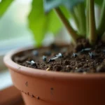 Invasion de moucherons sur la terre humide d'une plante d'intérieur en pot sur un rebord de fenêtre de cuisine