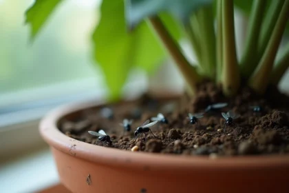 Invasion de moucherons sur la terre humide d'une plante d'intérieur en pot sur un rebord de fenêtre de cuisine