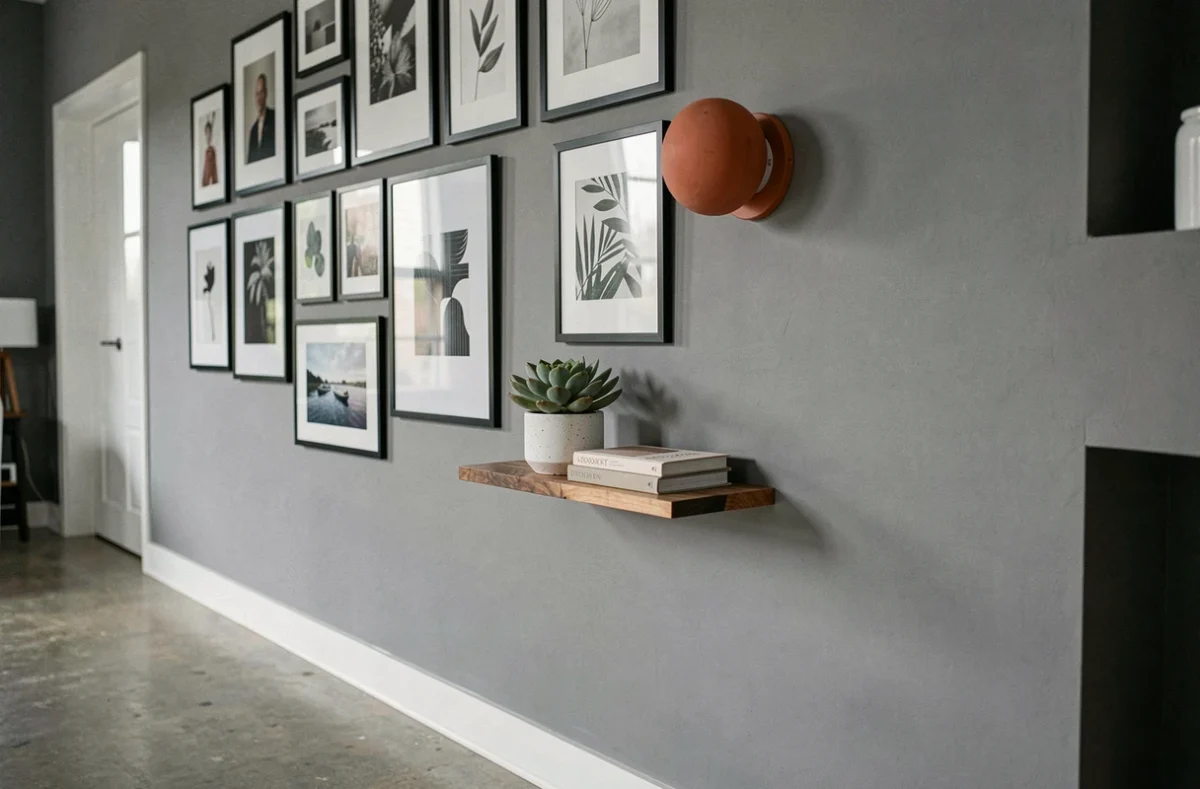 Mur gris d'un salon décoré avec une galerie de cadres noirs, une applique murale et une étagère flottante pour personnaliser sans peindre ni rénover