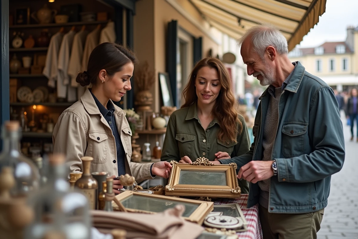 Couple négociant le prix d'un miroir ancien avec un vendeur lors d'un vide grenier animé dans les Hauts-de-Seine