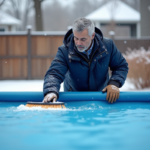 Homme d'âge moyen nettoyant une bâche de piscine bleue en hiver
