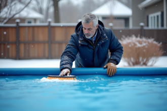 Homme d'âge moyen nettoyant une bâche de piscine bleue en hiver