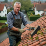 Homme en overalls nettoyant un toit en tuiles avec une brosse longue