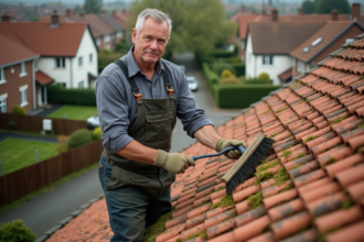 Homme en overalls nettoyant un toit en tuiles avec une brosse longue