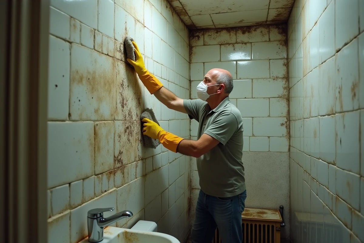 Homme portant un masque nettoyant un mur moisi dans une salle de bain