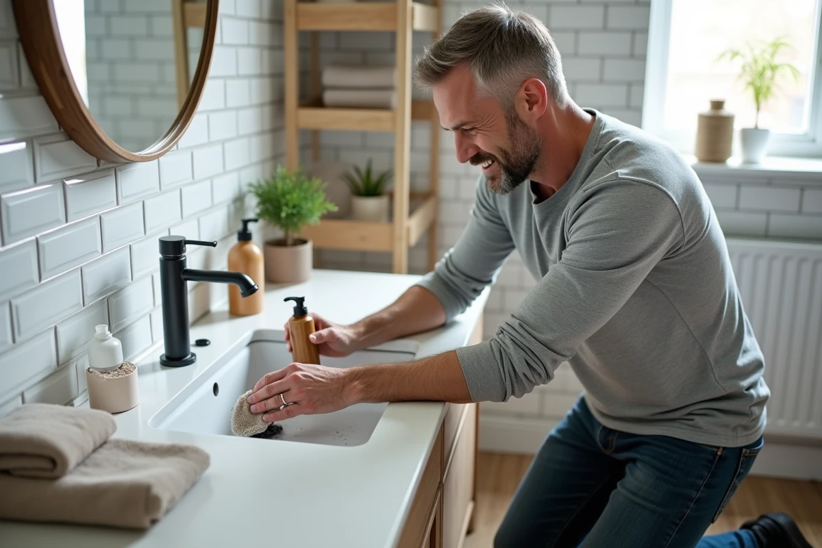Homme nettoyant une salle de bain avec un produit h2o écologique et une bouteille rechargeable
