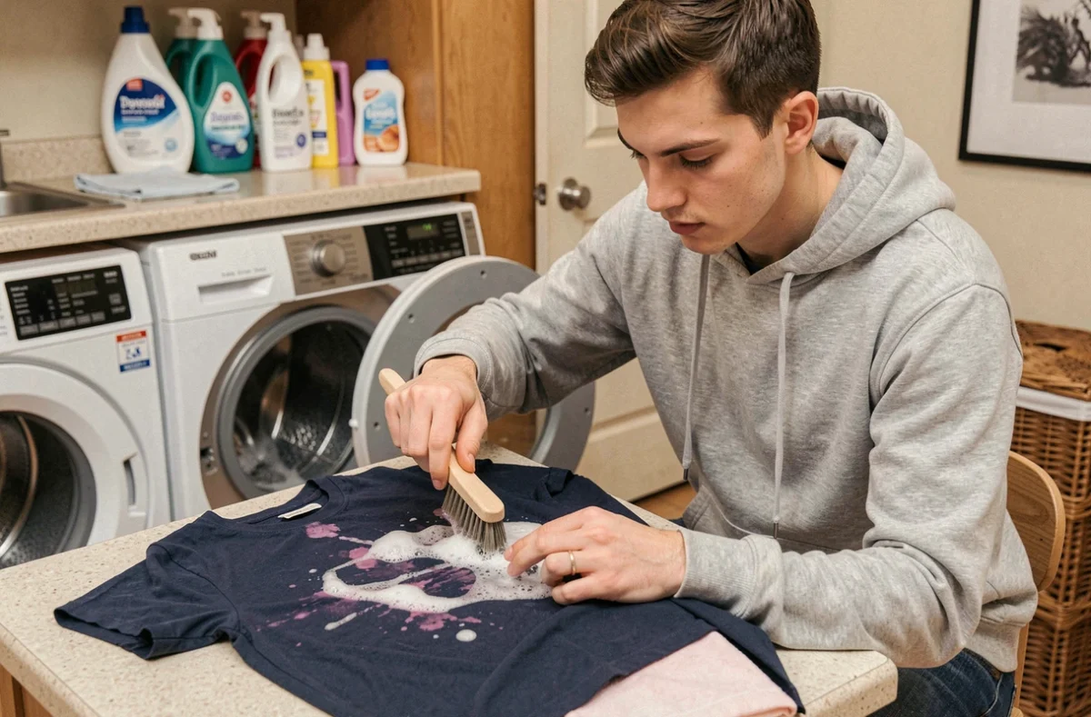 Jeune homme nettoyant une tache de framboise sur un tee-shirt bleu marine dans une buanderie