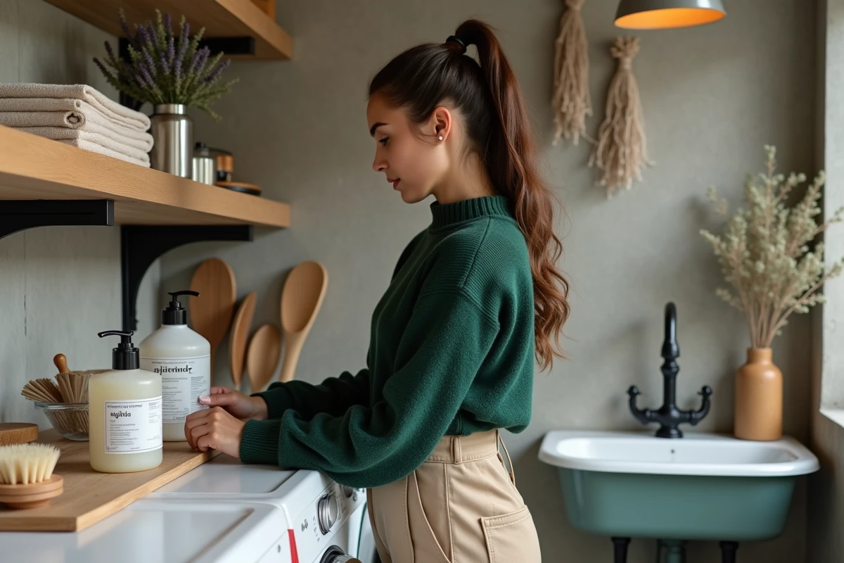 Jeune femme organisant des produits d'entretien écologiques h2o dans une buanderie naturelle