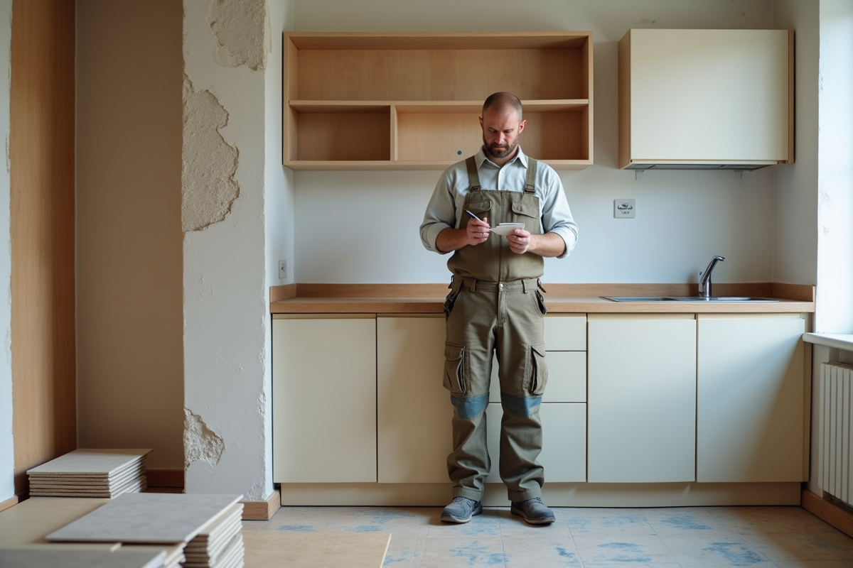 Ouvrier prenant des mesures dans une cuisine en rénovation