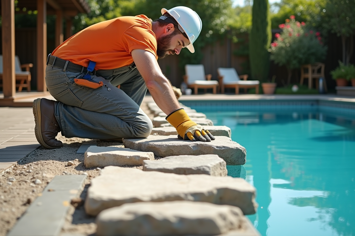 Paysagiste posant des pierres autour de la piscine
