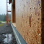 Panneau OSB extérieur traité avec protection hydrofuge, gouttes de pluie perlant sur la surface imperméabilisée lors d'une construction résidentielle