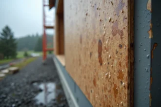 Panneau OSB extérieur traité avec protection hydrofuge, gouttes de pluie perlant sur la surface imperméabilisée lors d'une construction résidentielle