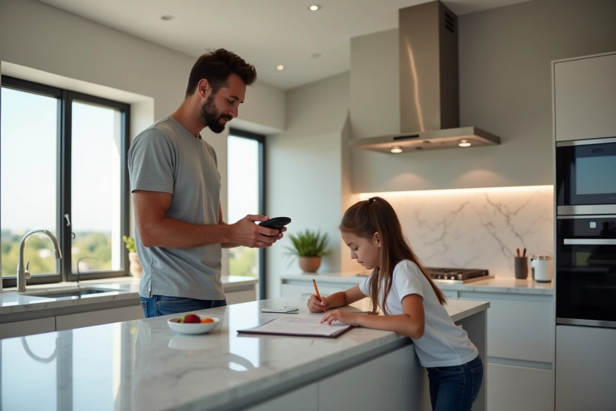 Père et fille dans une cuisine avec technologie avancée