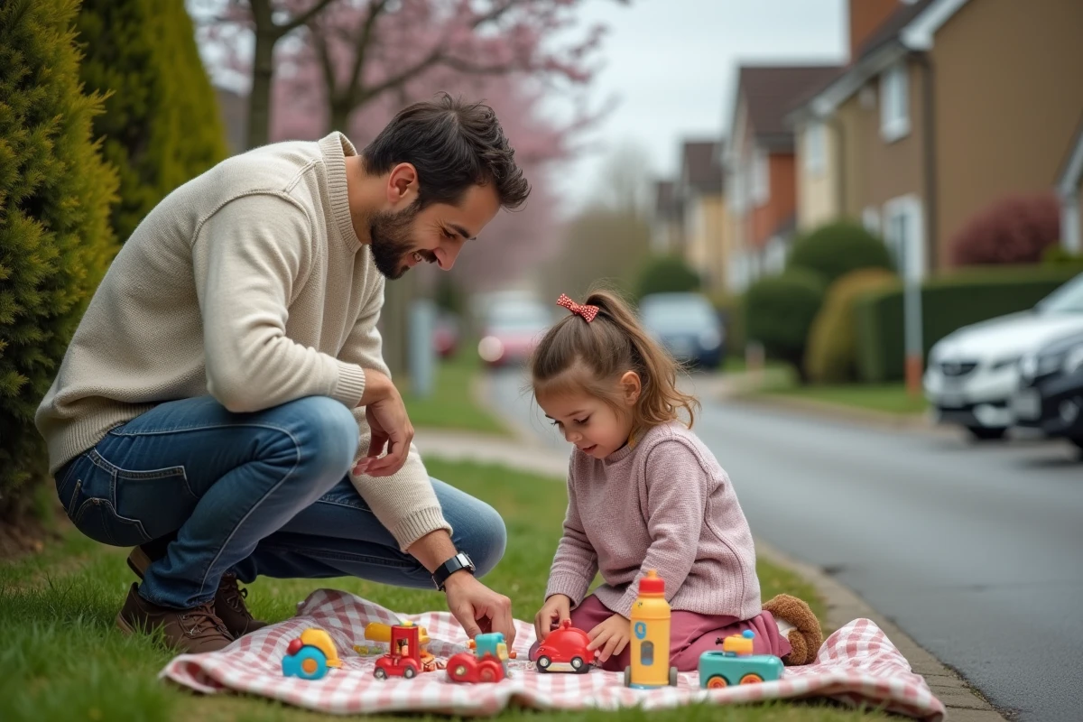 Père et fille examinant des jouets lors d
