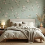 Chambre adulte cocooning avec papier peint botanique vert sauge et literie en lin beige pour une déco zen apaisante