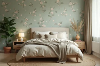Chambre adulte cocooning avec papier peint botanique vert sauge et literie en lin beige pour une déco zen apaisante
