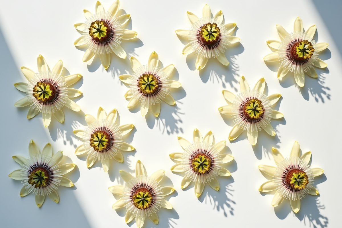 Passiflore en mauvais état sur une table blanche sous lumière indirecte