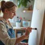Femme peintre en studio appliquant de la peinture sur toile